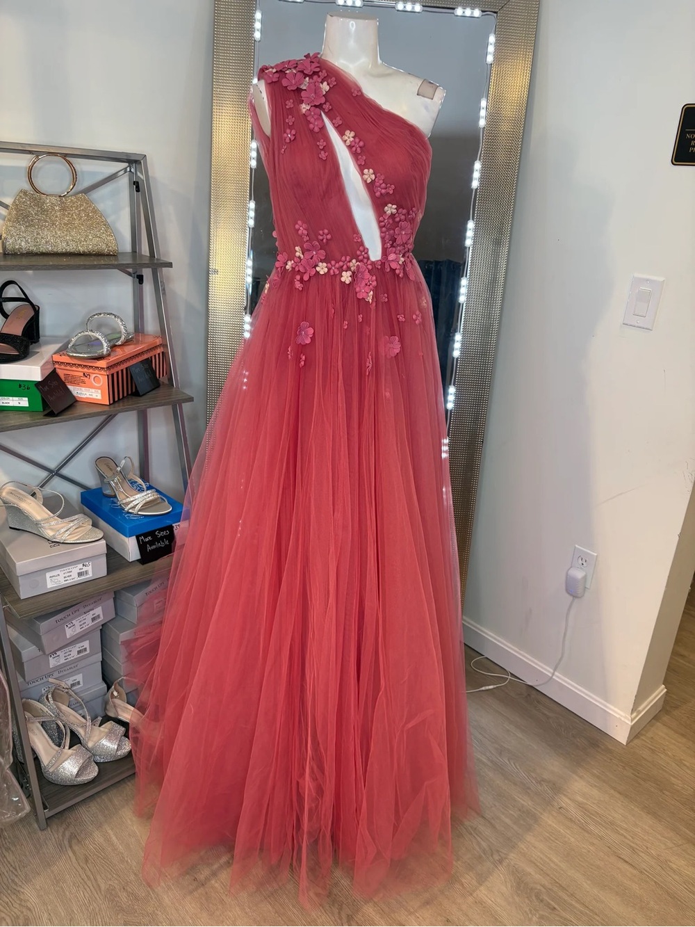 Tarik Ediz One-Shoulder Rose Tulle Gown with Floral Appliqués
